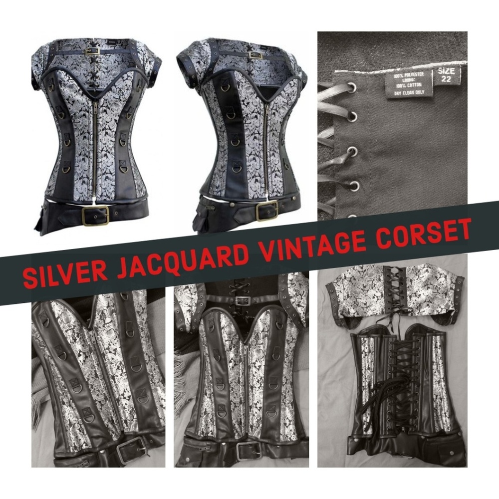 Gothic Three-Piece Silver Jacquard Vintage Corset